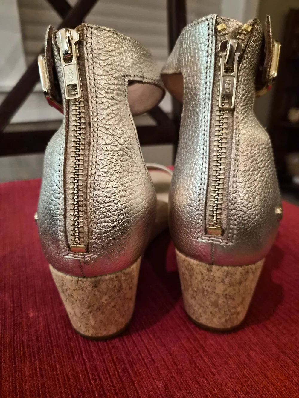 UGG Metallic Pale Gold Cork Wedge Sandals with Ankle Strap